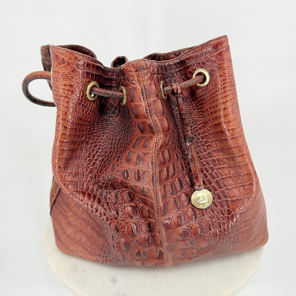 Brahmin Dana Melbourne Croc Embossed Leather Drawstring Bag Brown - Picture 2 of 9